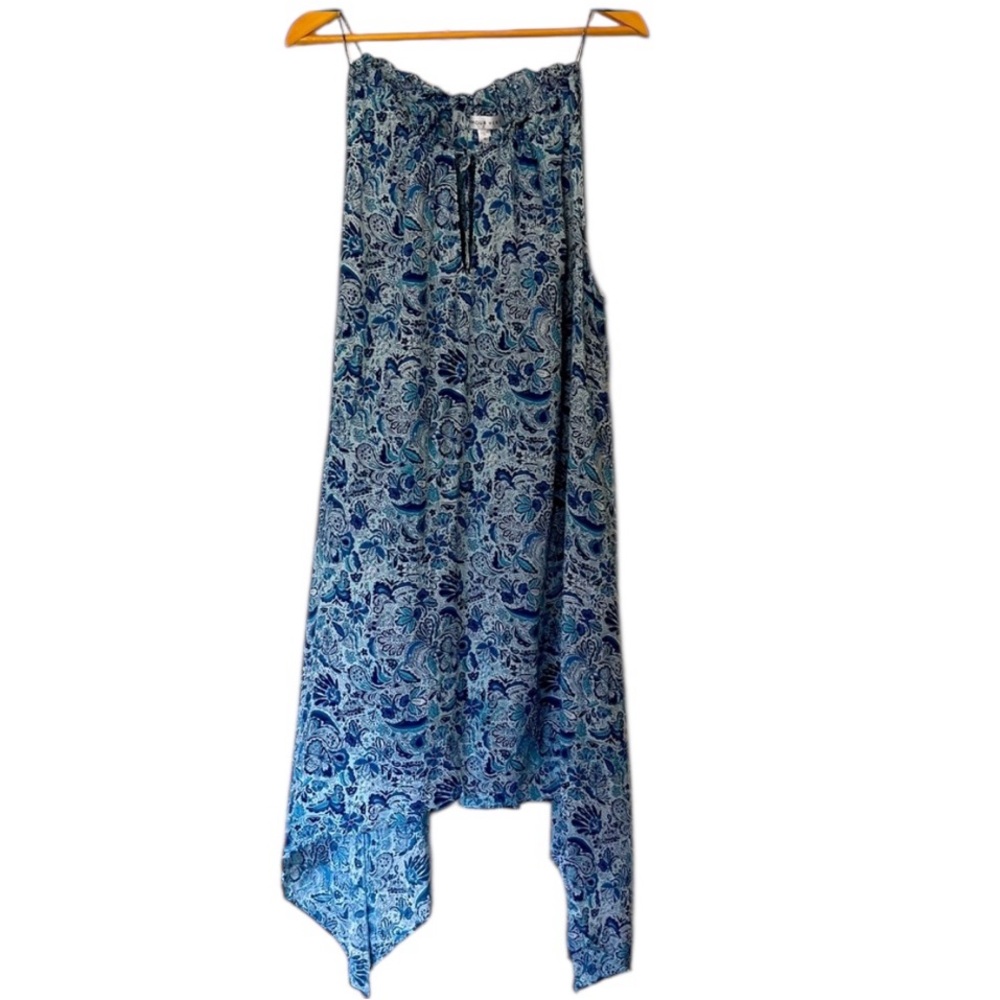 Amour Vert 100% Silk Asymmetrical Dress – Blue Paisley Floral, Size Medium